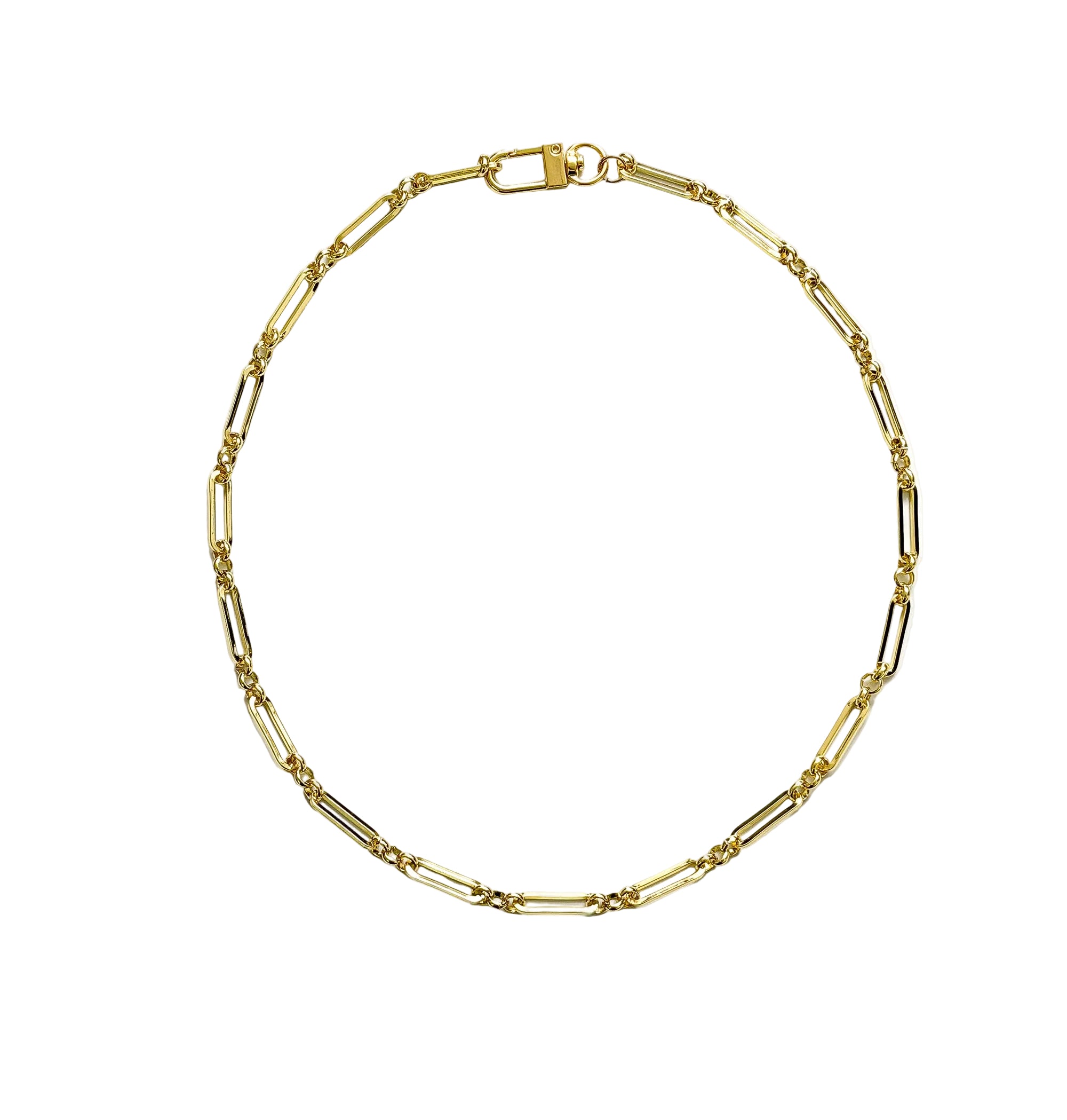 Gold paperclip style necklace with rectangular links on a white background