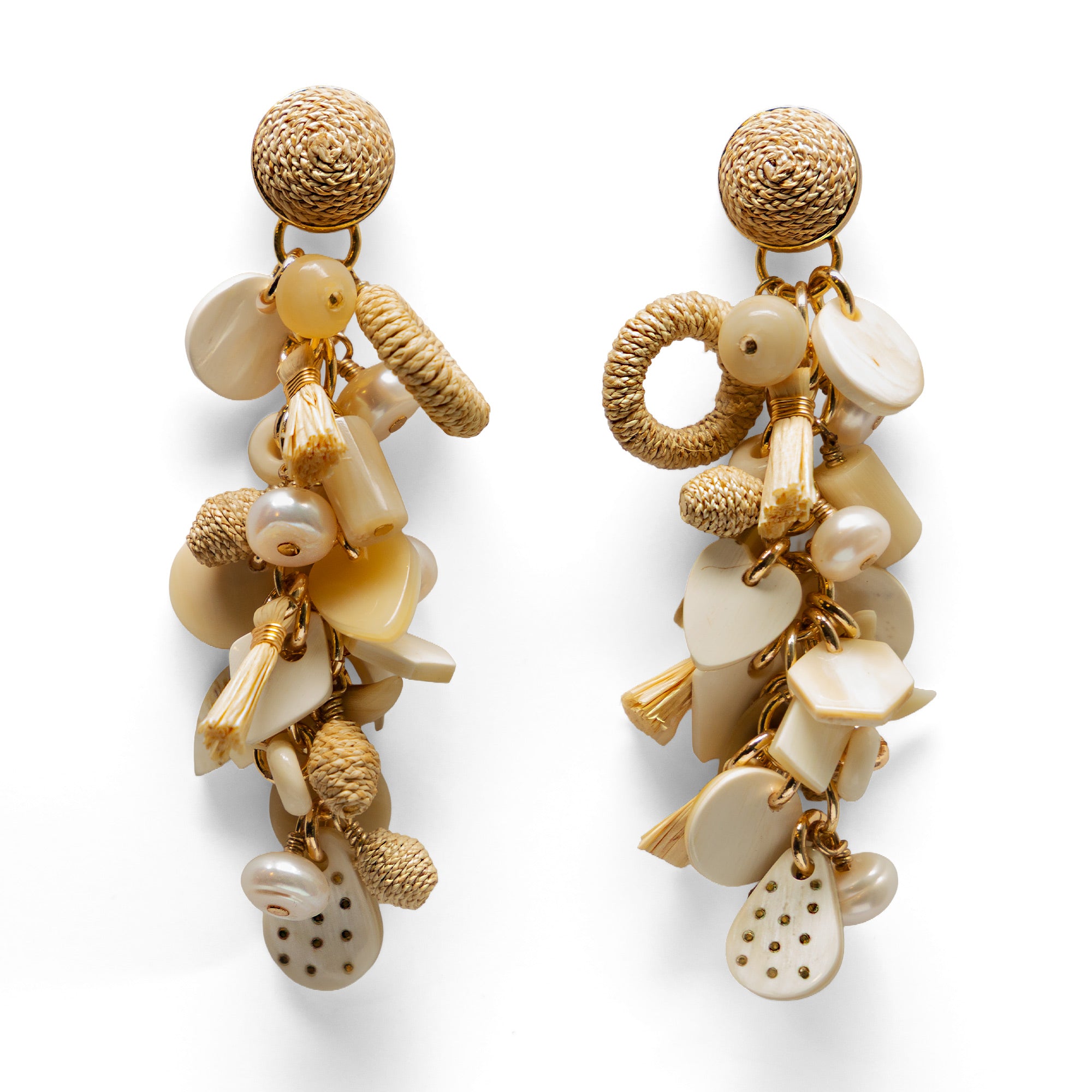 Akola Anna statement charm earrings with horn, raffia and pearl, handcrafted in Uganda