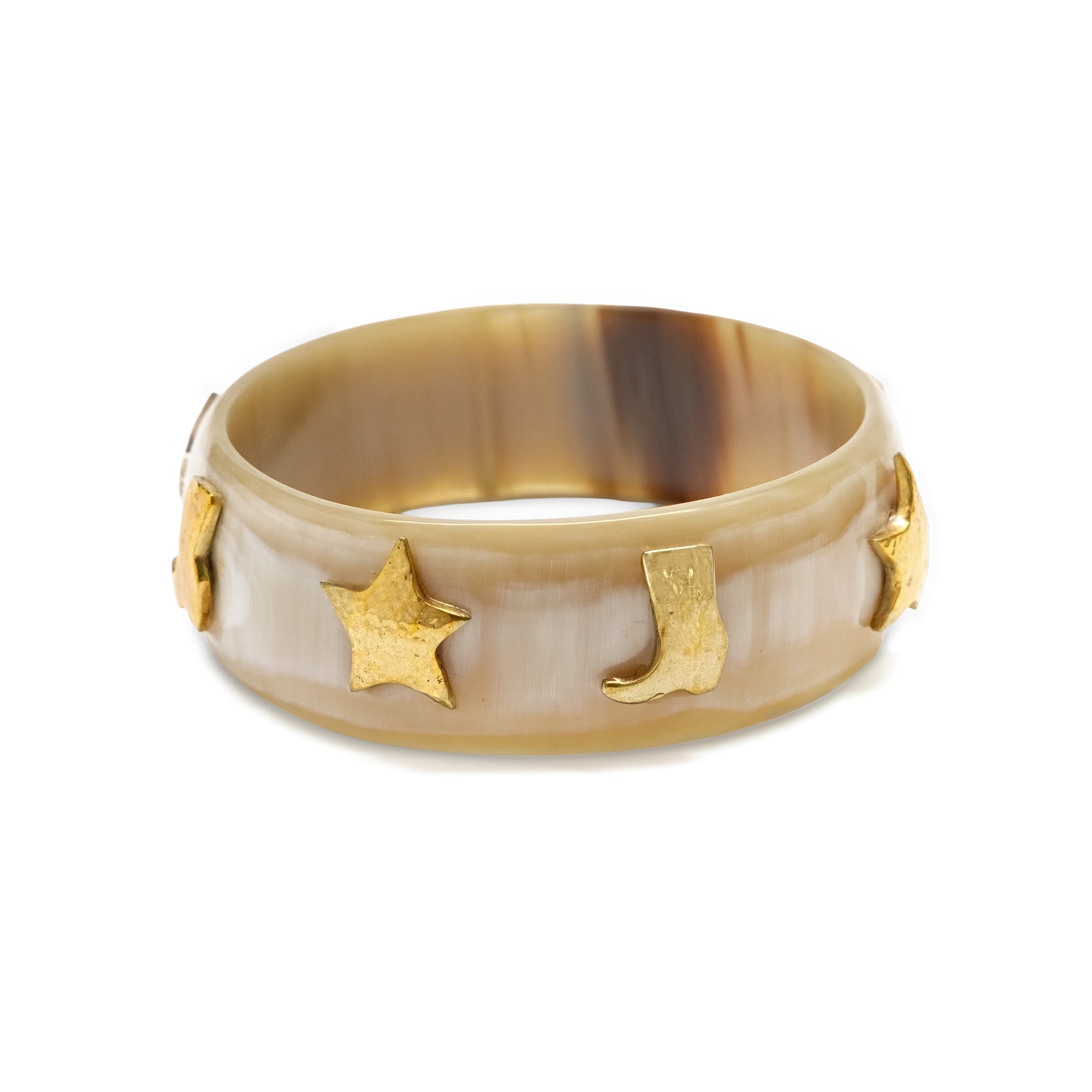 Beige carved bangle with gold stars and bootd designs