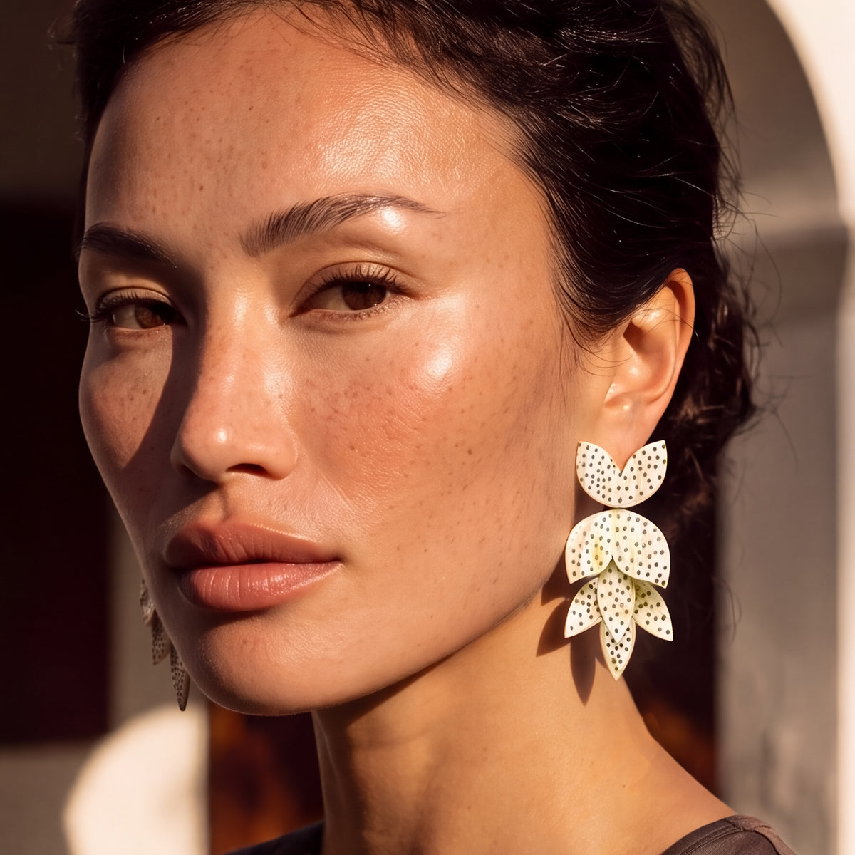 Horn Flower Earrings with Metal Inlay