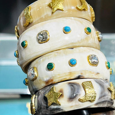 Akola Tilly bangle bracelet in hand-carved horn with gemstones and crystals, handcrafted in Uganda